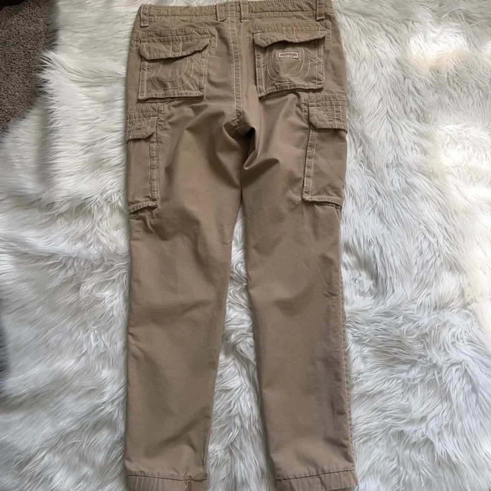 True Religion Big T Cargo Jogger Mens 34 Beige Khaki  Pockets Pants Drawstring